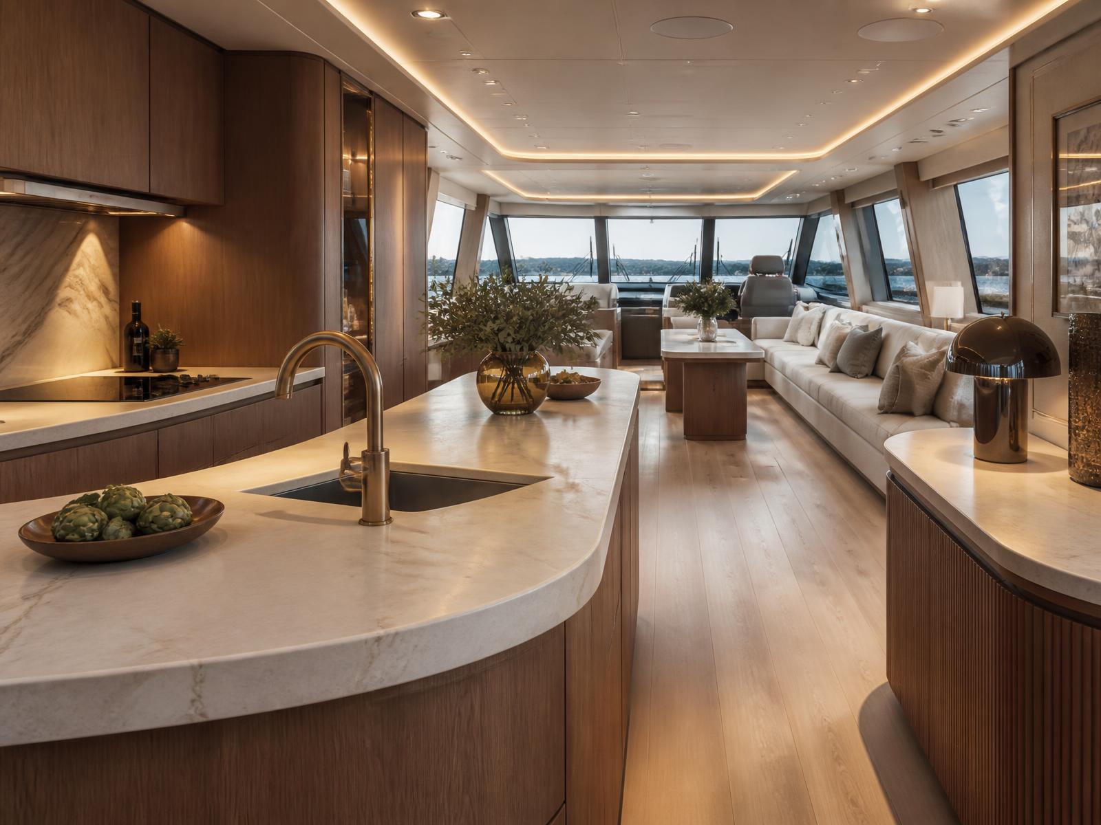Warren 93 galley and saloon after the ATLIS refit, with stone benchtops and bronze detailing