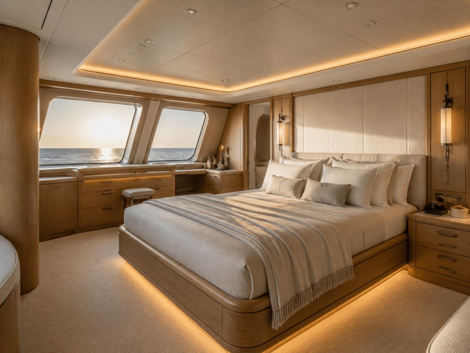 Warren 93 master stateroom after the ATLIS refit, with warm timber joinery and ocean views